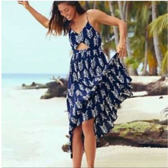 aerie Dresses & Skirts - Aerie Tribal Print Maxi Dress Size Medium Navy Blue Sleeveless Cut Out Beach